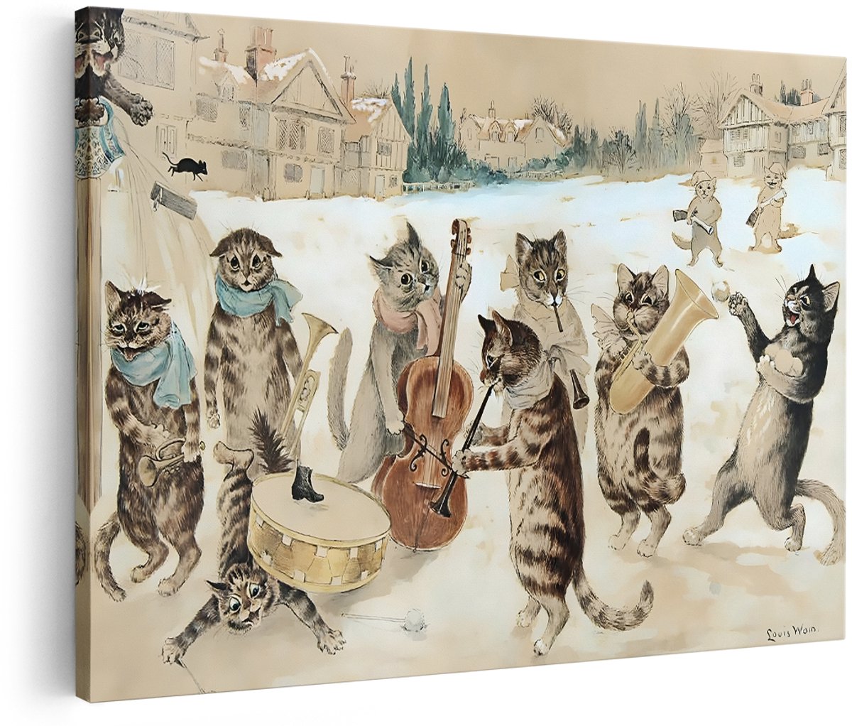 Artaza Canvas Schilderij Kattenorkest Louis Wain - 180x120 cm - Groot - Wanddecoratie Katten - Muurdecoratie Vintage - Decoratie Muziek Woonkamer