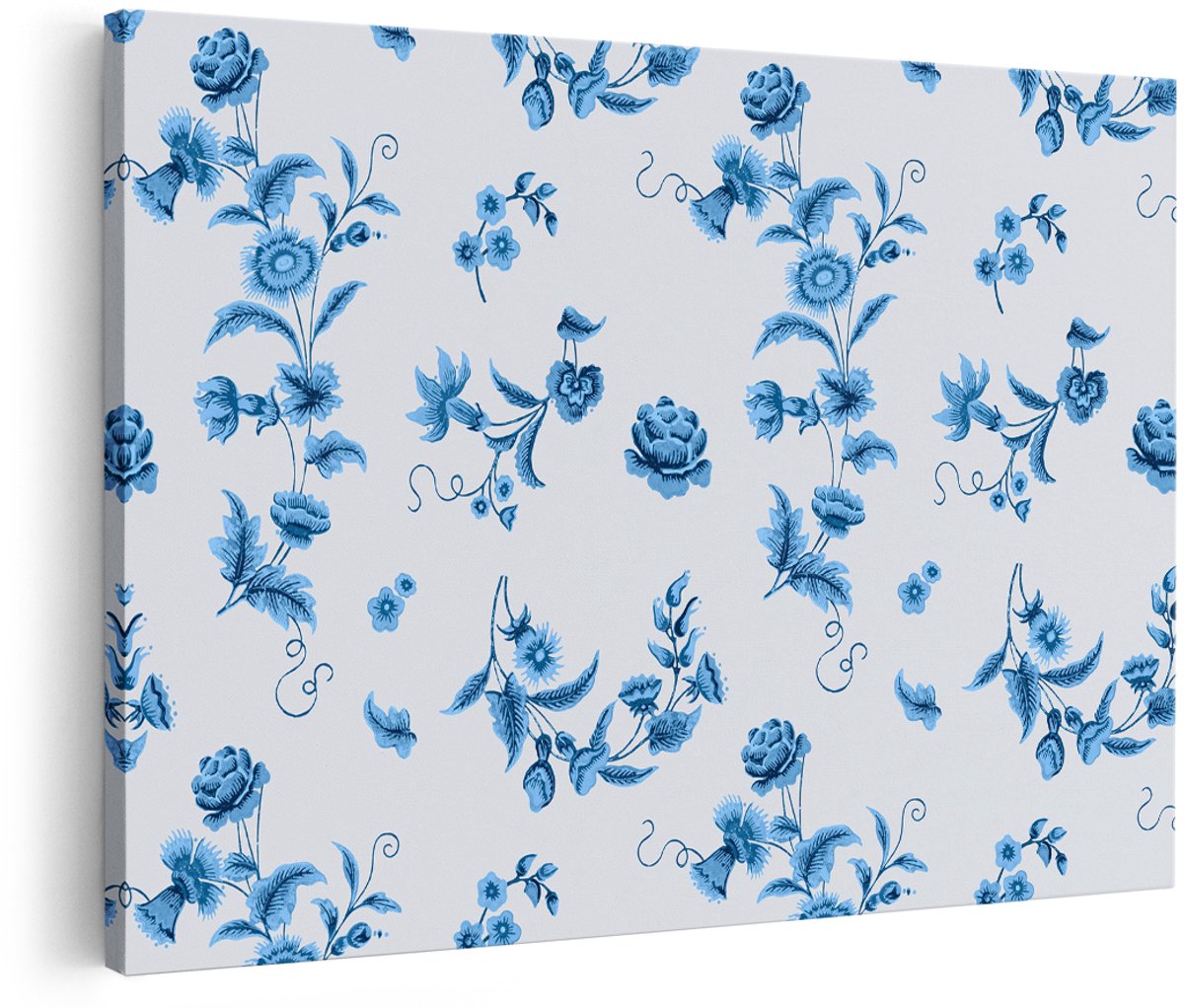 Artaza Canvas Schilderij Bloemen - 180x120 cm - Groot - Wanddecoratie Vintage - Muurdecoratie Bloemenpatroon - Decoratie Botanisch - Blauw