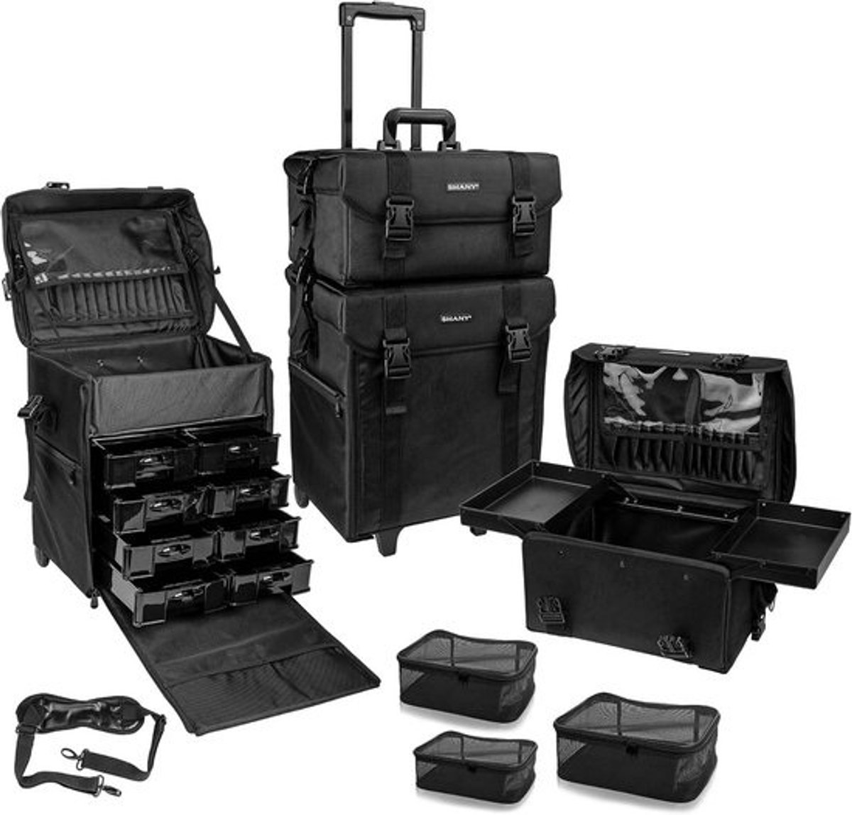 Professionele Make-up Trolley Zwart met Wielen en Opbergvakken