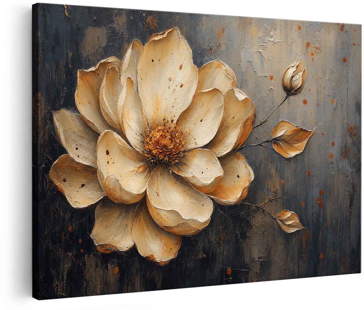 Artaza Canvas Schilderij Abstracte Bloemen - Goud En Zwart - 180x120 cm - Groot - Wanddecoratie Woonkamer - Schilderijen - Muurdecoratie