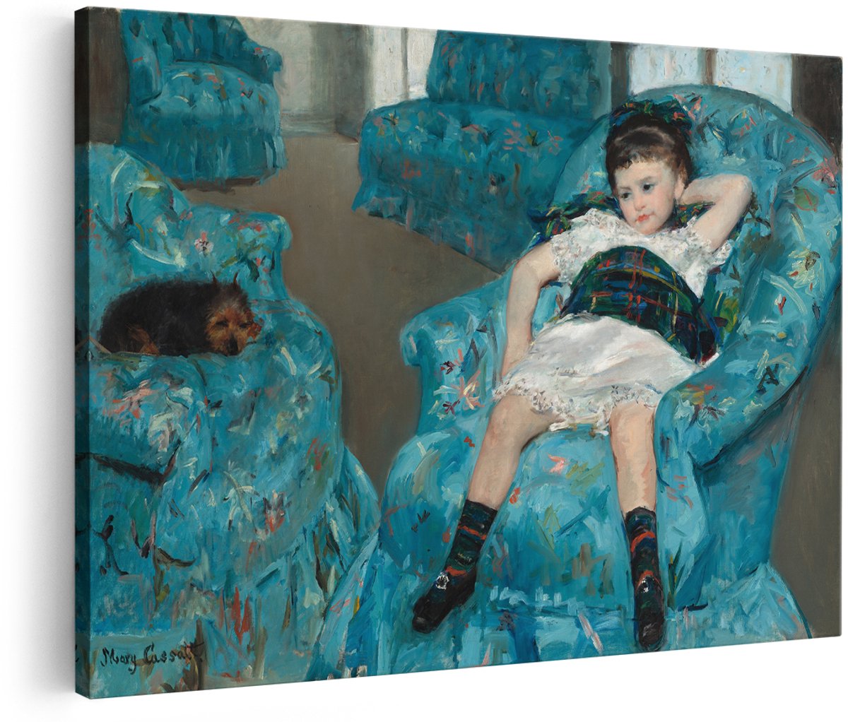 Artaza Canvas Schilderij Meisje In Blauwe Fauteuil - 180x120 cm - Groot - Wanddecoratie Mary Cassatt - Muurdecoratie Klassiek Portret - Decoratie Blauw