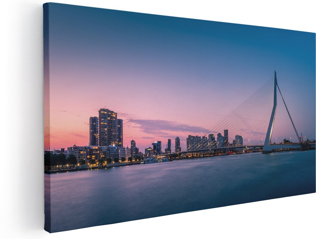 Artaza Canvas Schilderij Erasmusbrug In Rotterdam Met Zonsondergang - 180x90 cm - Groot - Wanddecoratie Woonkamer - Schilderijen - Muurdecoratie