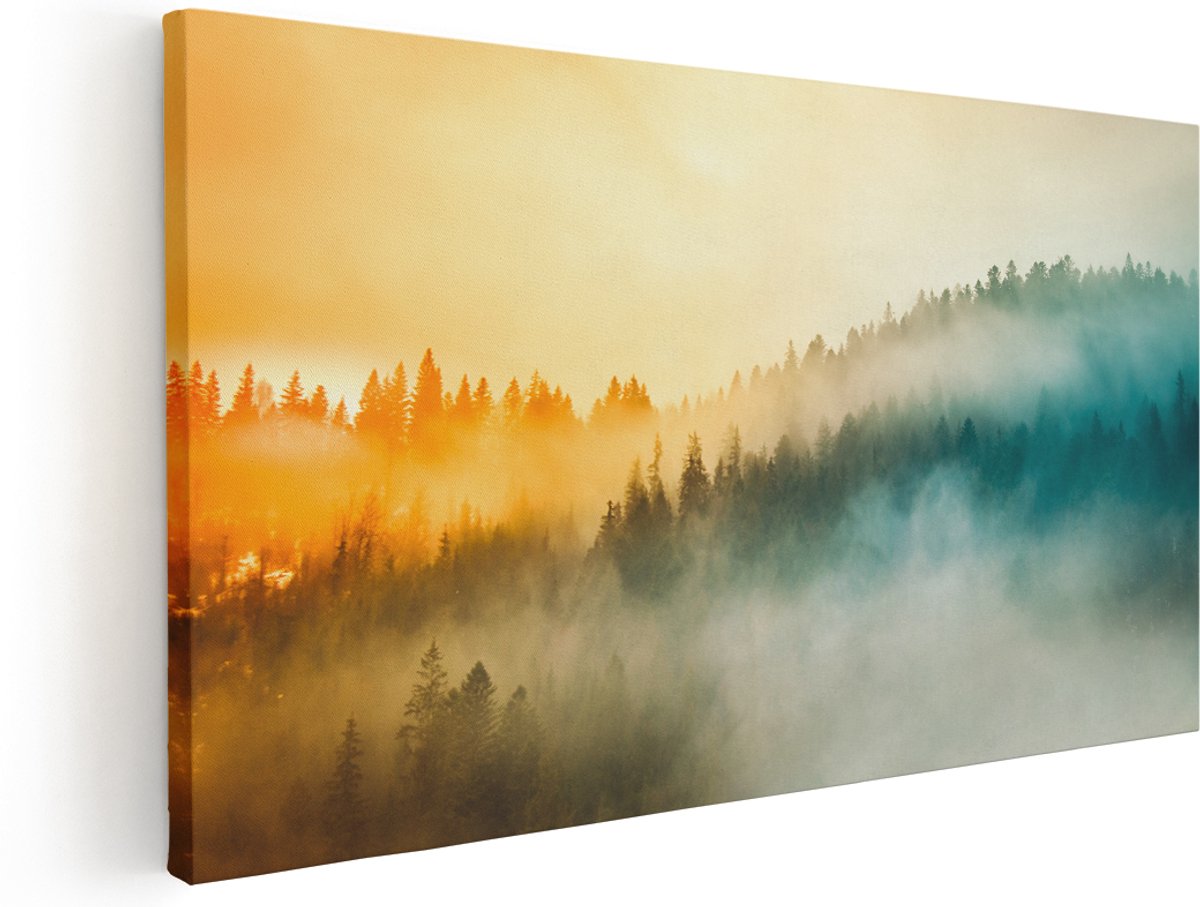 Artaza Canvas Schilderij Kleurrijke Zonsopgang In Het Bos Met Mist - 180x90 cm - Groot - Wanddecoratie Woonkamer - Schilderijen - Muurdecoratie