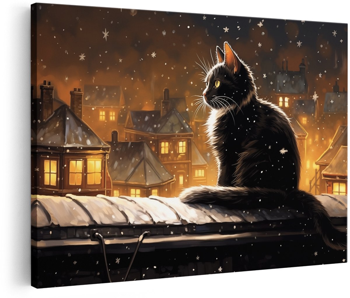 Artaza Canvas Schilderij Kat op het Dak in de Winter - 180x120 cm - Groot - Wanddecoratie Woonkamer - Schilderijen - Muurdecoratie