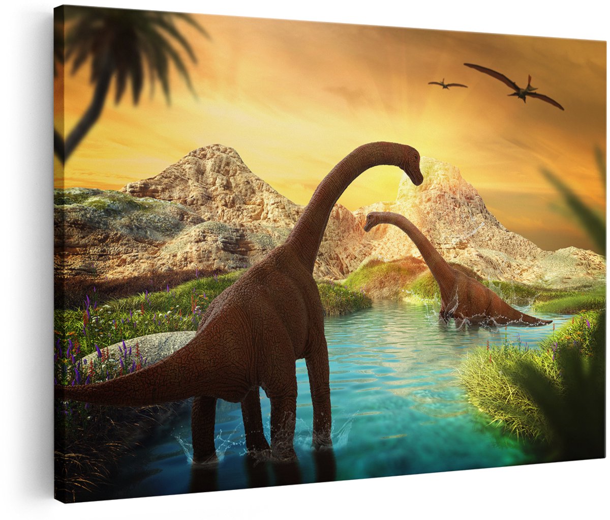 Artaza Canvas Schilderij Dinosauriërs in het Water - Dino's - 180x120 cm - Groot - Wanddecoratie Woonkamer - Schilderijen - Muurdecoratie