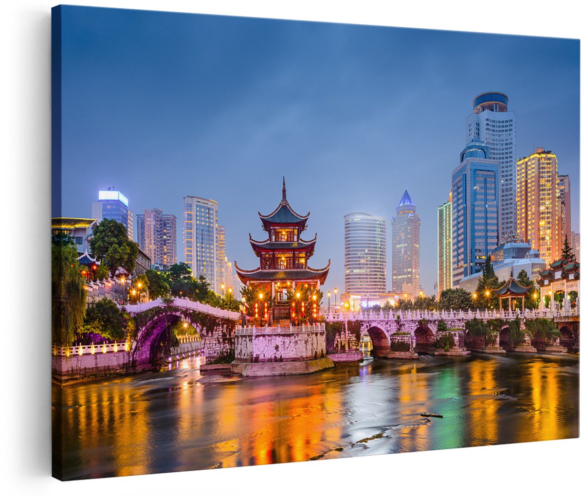 Artaza Canvas Schilderij Rivier bij Stad Guiyang in China - 180x120 cm - Groot - Foto Op Canvas - Wanddecoratie Woonkamer