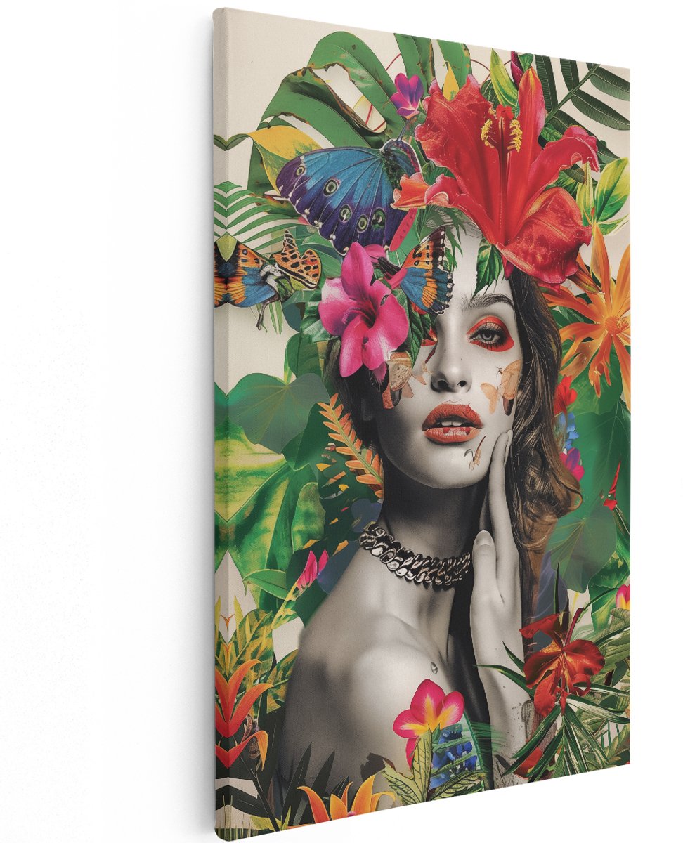 Artaza Canvas Schilderij Vrouw met Bloemen op haar Hoofd - Bloemen - 120x180 cm - Groot - Wanddecoratie Woonkamer - Schilderijen - Muurdecoratie