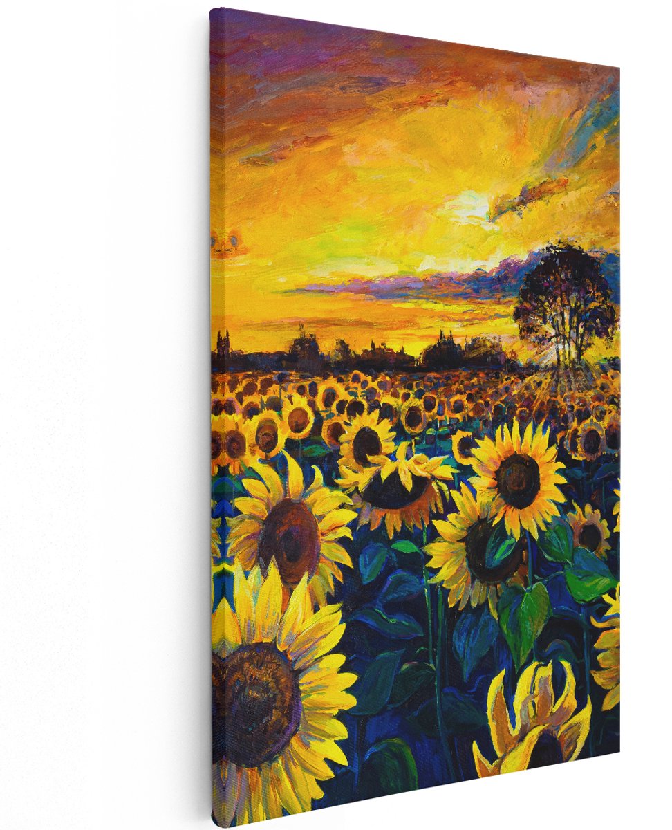 Artaza Canvas Schilderij Getekende Zonnebloemen Veld Met Olieverf - 120x180 cm - Groot - Wanddecoratie Woonkamer - Schilderijen - Muurdecoratie