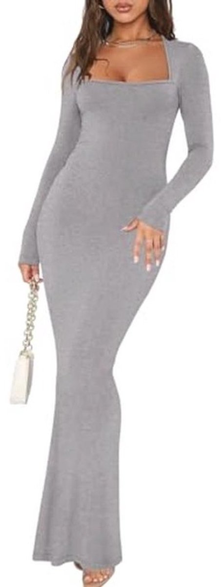 Dames Sexy Vierkante Hals Lange Mouw Jurk – Zachte Bodycon Maxi voor Herfst
