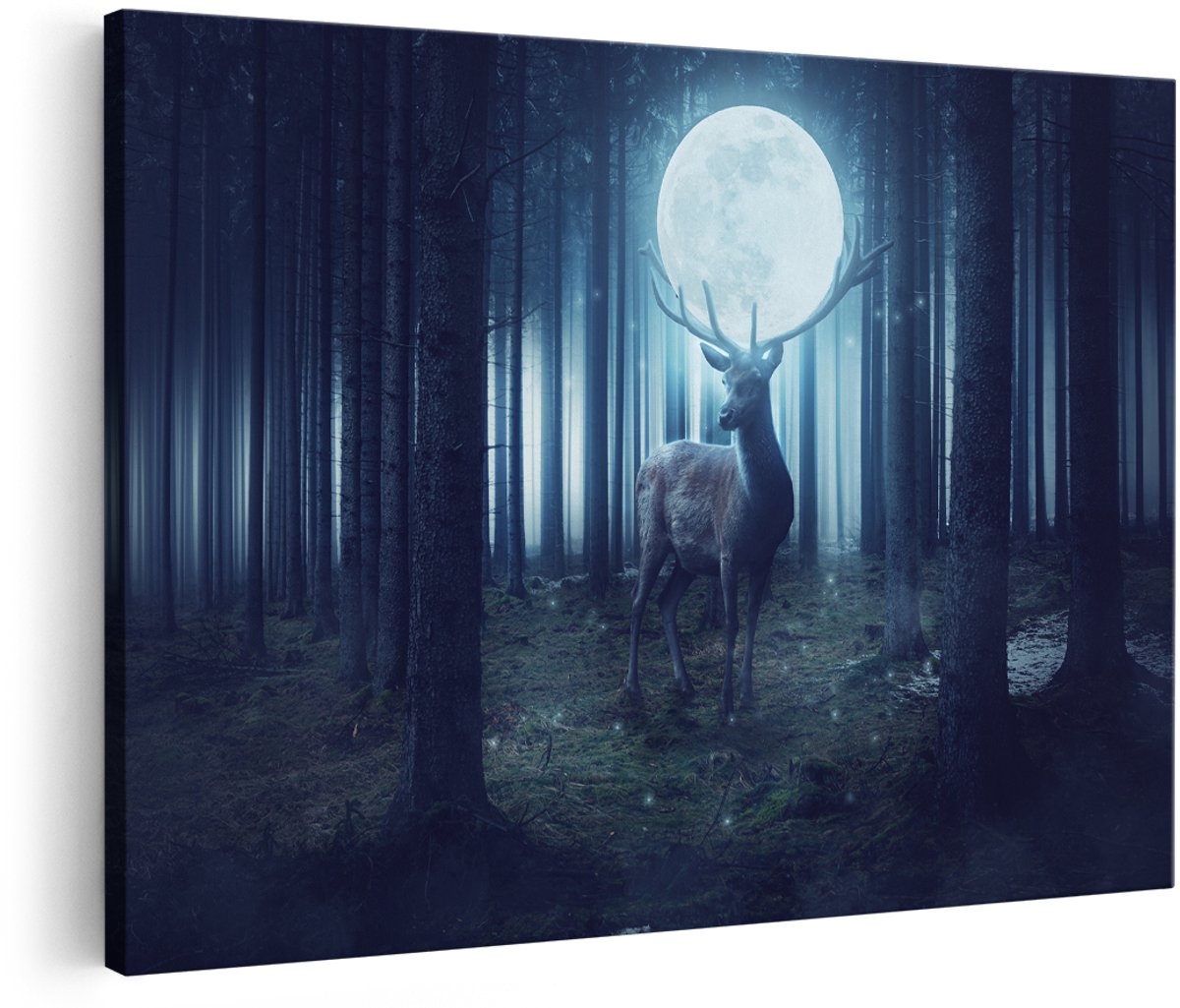 Artaza Canvas Schilderij Hert In Het Bos Tijdens Volle Maan - 150x100 cm - Groot - Foto Op Canvas - Wanddecoratie Woonkamer