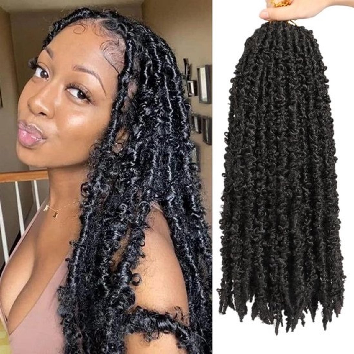 Natuurlijk Zwart Gehaakt Haar 20 Inch - 6 Packs Voorgeloopte Distressed Vlinderlokken