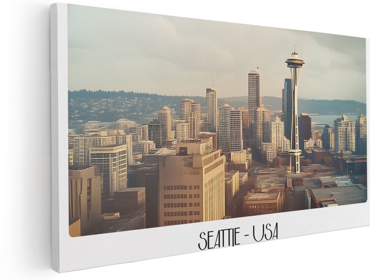 Artaza Canvas Schilderij Seattle USA - 140x70 cm - Groot - Wanddecoratie Skyline - Muurdecoratie Space Needle - Schilderijen Op Canvas Zonsondergang