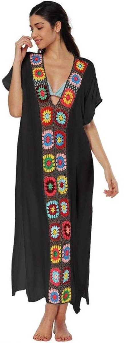 Zomerjurk voor dames met V-hals en gebreide bloemen, perfect voor strand en vakantie