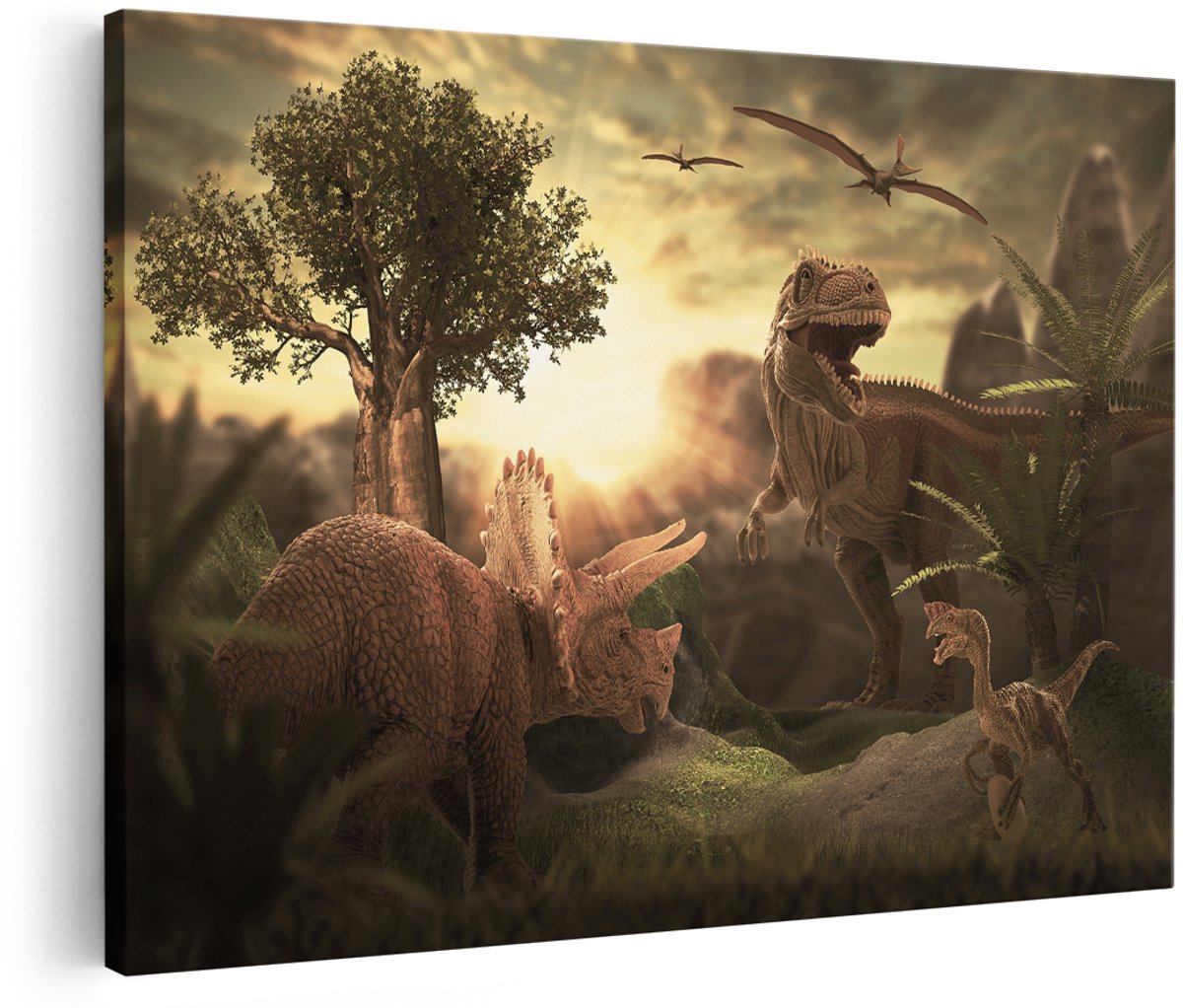 Artaza Canvas Schilderij Dinosauriërs in de Natuur - Dino's - 150x100 cm - Groot - Wanddecoratie Woonkamer - Schilderijen - Muurdecoratie