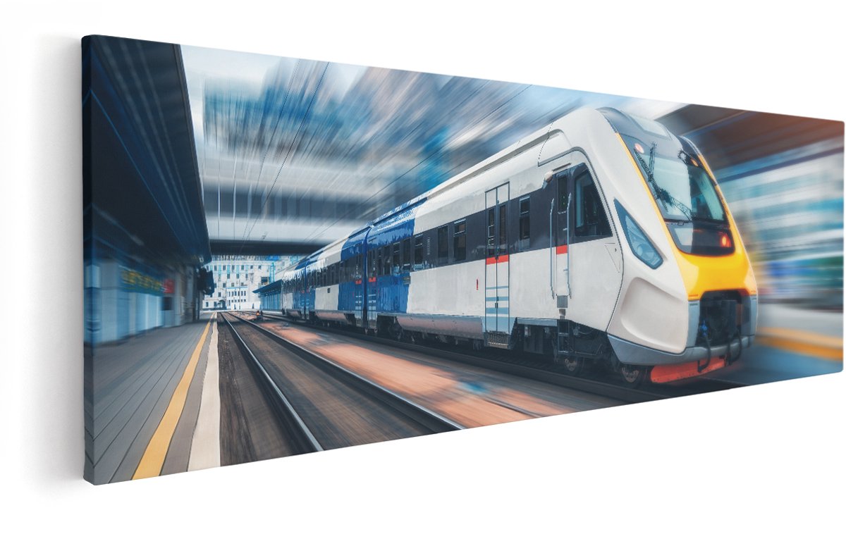 Artaza Canvas Schilderij Trein bij het Station - 150x50 cm - Groot - Wanddecoratie Woonkamer - Schilderijen - Muurdecoratie