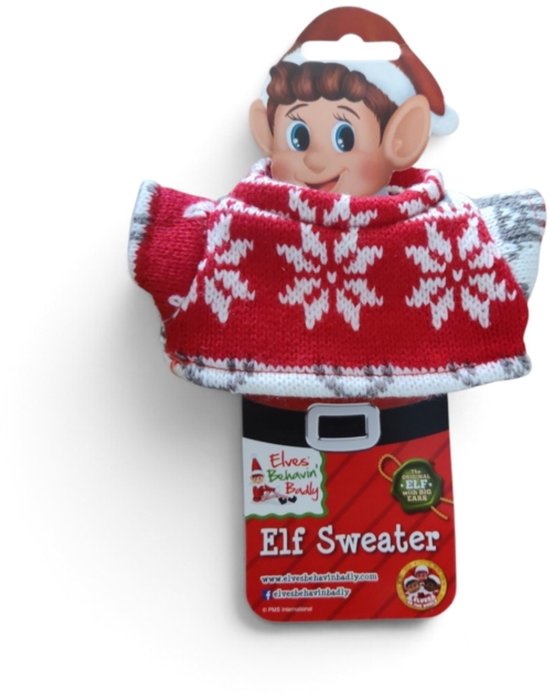 Rode gebreide kersttrui voor een elfje, met wit sneeuwvlokpatroon en 'Elf Sweater' tekst op de verpakking.
