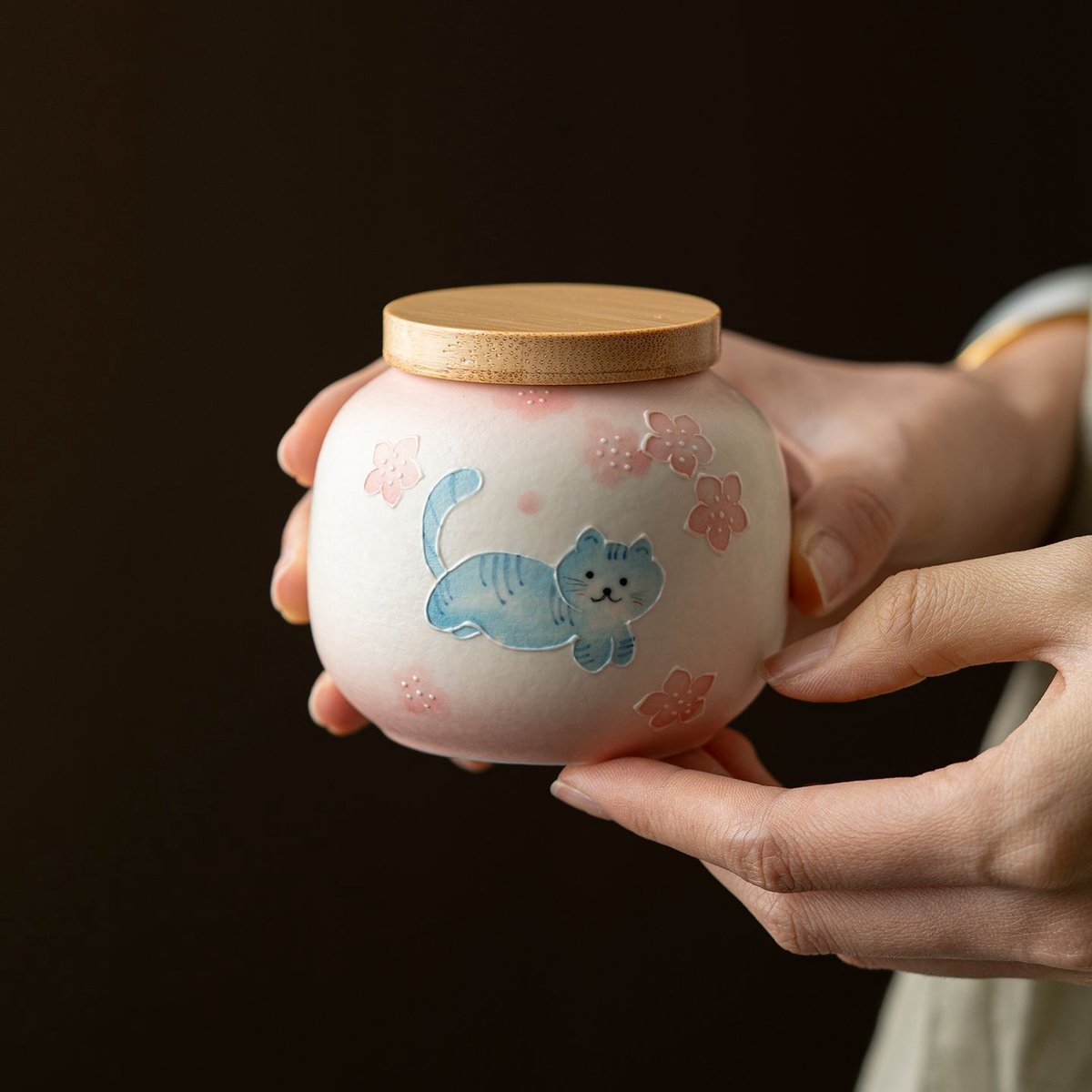 Keramische voorraadpot met bamboe deksel, schattig kat‑ en kersenbloem motief, theeblik 200ml， Crematie Urn ， Uniek ，Urn - Decoratie Urn ， keramische pot ，Keramiek