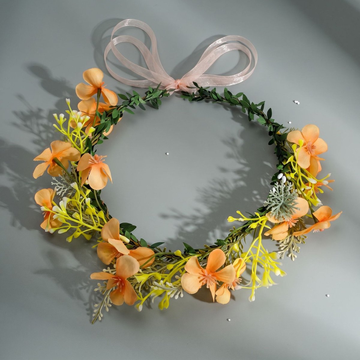 Kunstbloemen Hoofdkrans, Bloemencirkel Haarband met Satin‑Lint, Bruiloft & Fotoshoot Haaraccessoire,Oranje bloemenkrans voor vakantiefotografie