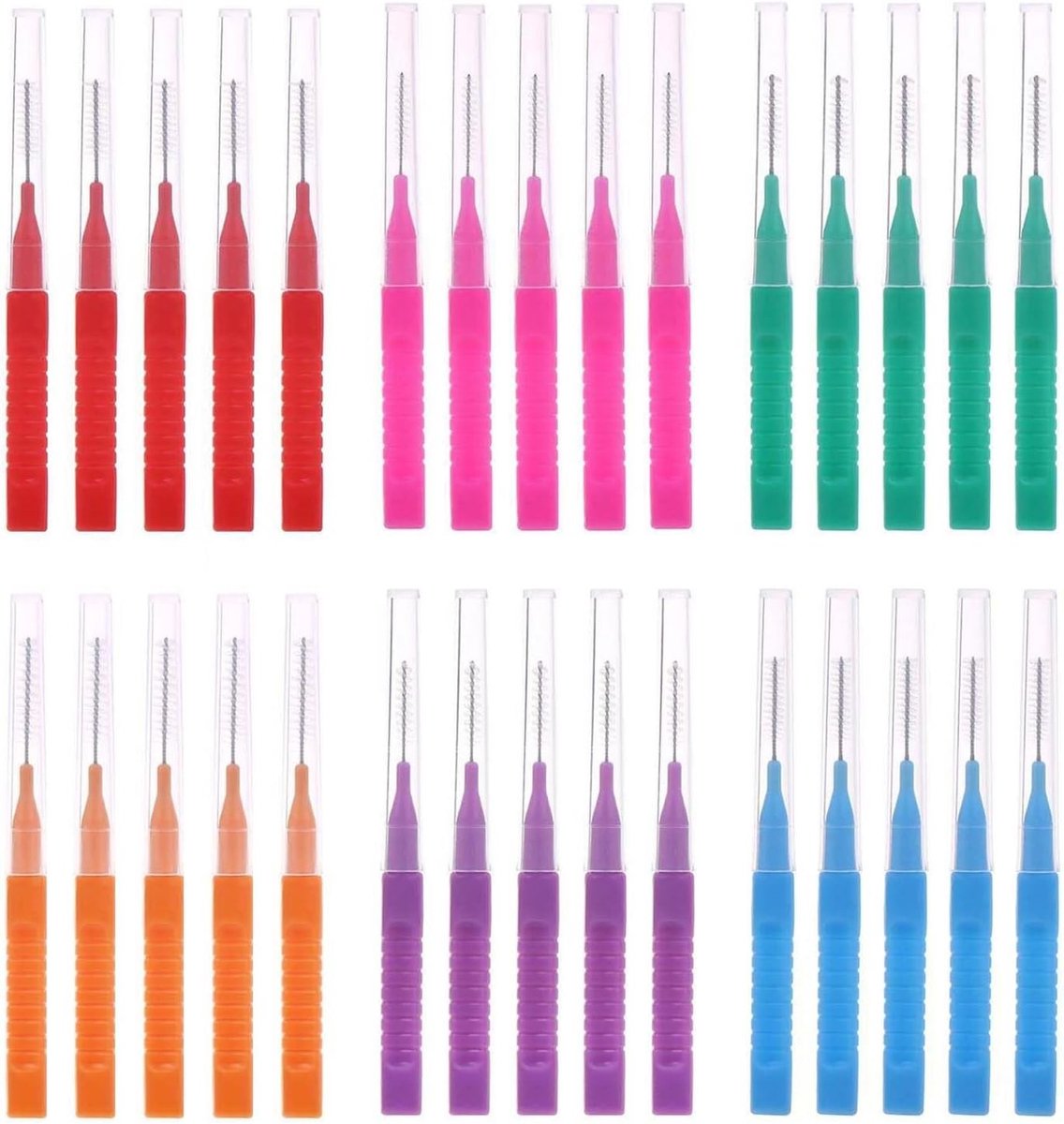 Interdentale borstels voor het reinigen van tanden, 30 stuks met deksel, ideaal voor mondhygiëne en tandverzorging in 6 kleuren