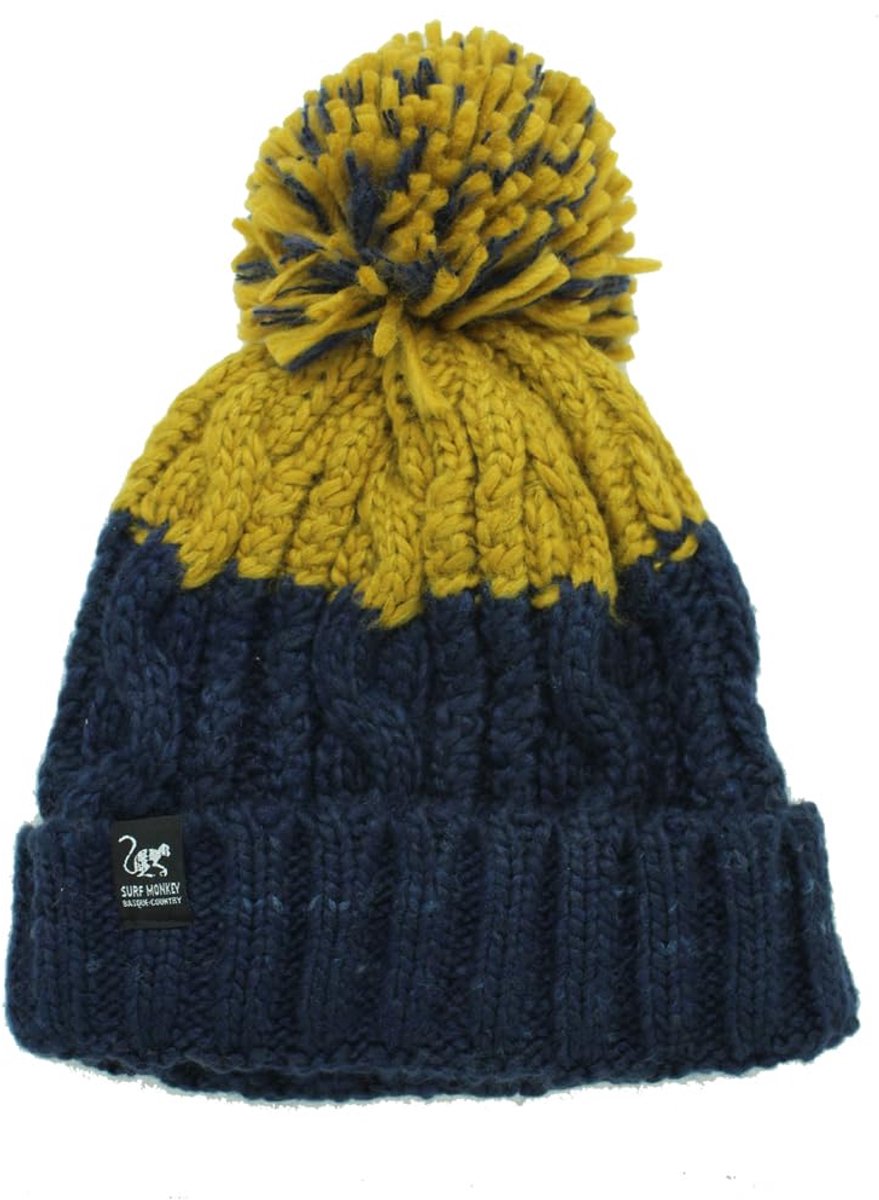 Pompommuts - One Size - Binnenvoering - Unisex (Marineblauw/Mosterd)