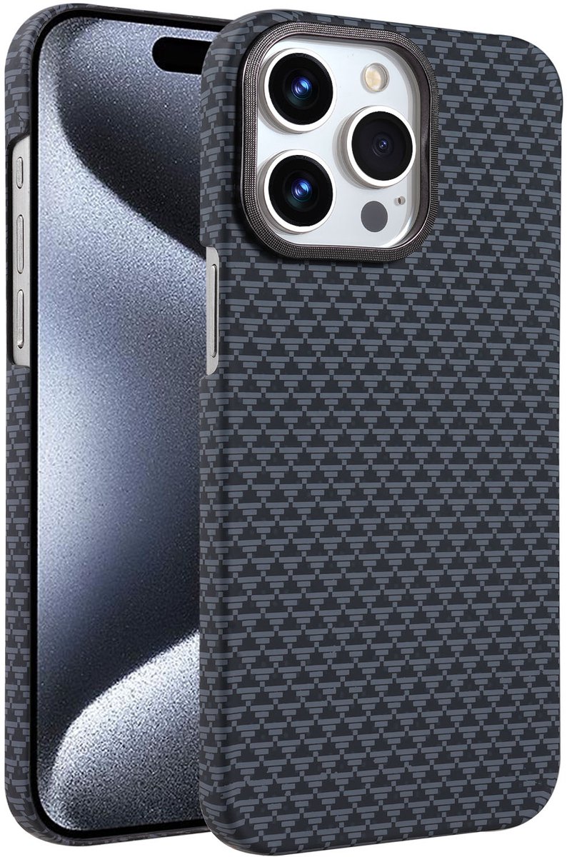 Hoesje Geschikt voor iPhone 15 Pro Max Hoesje Zwart - Carbon Hoesje Geschikt voor MagSafe iPhone 15 Pro Max - Shockproof Back Cover