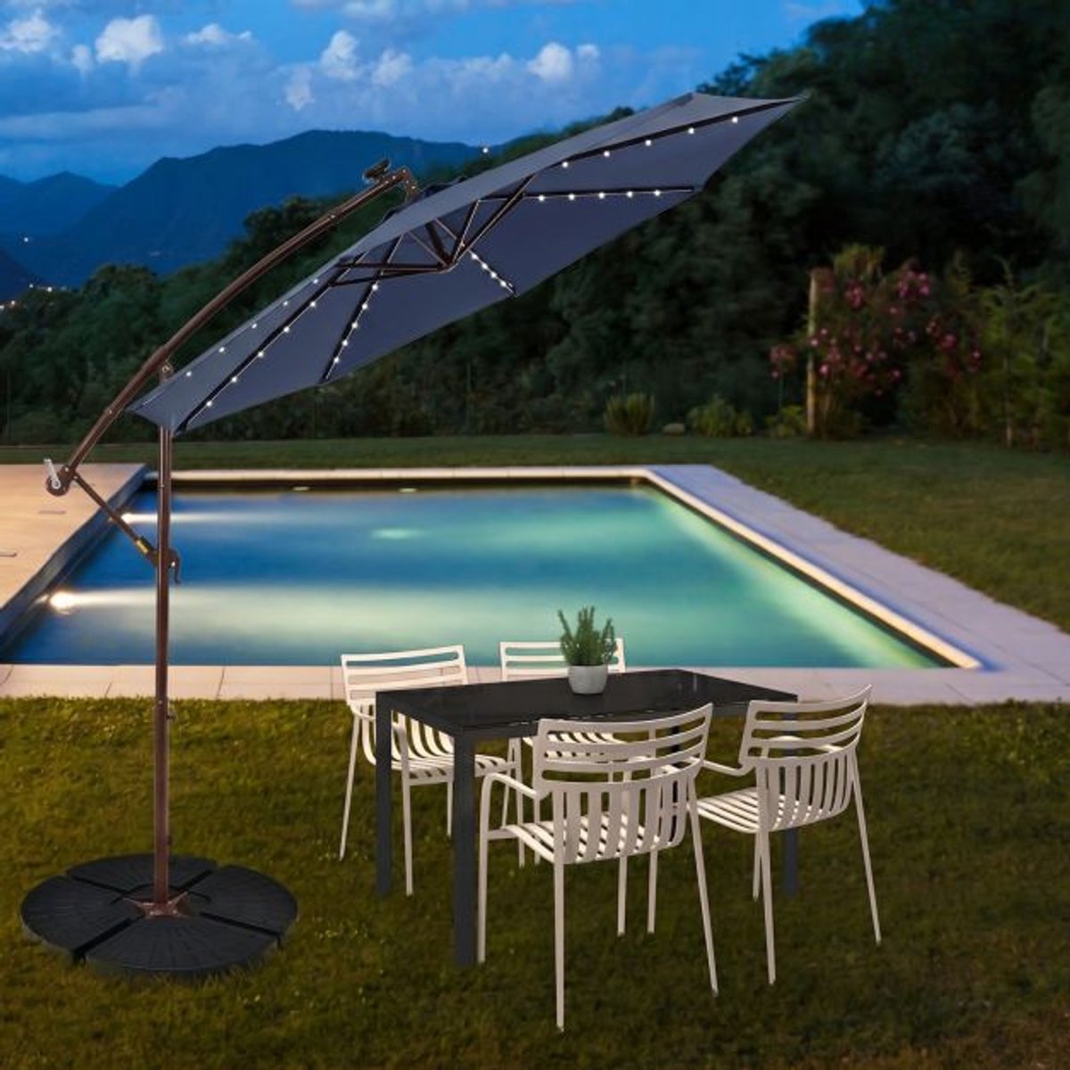 SureDeal® - Parasol - Grote Verplaatsbare - Lampen - Zonnepanelen Marktparasol Verlichte - Tuin Grijs - Donkerblauw - 99x99 cm - Grijs