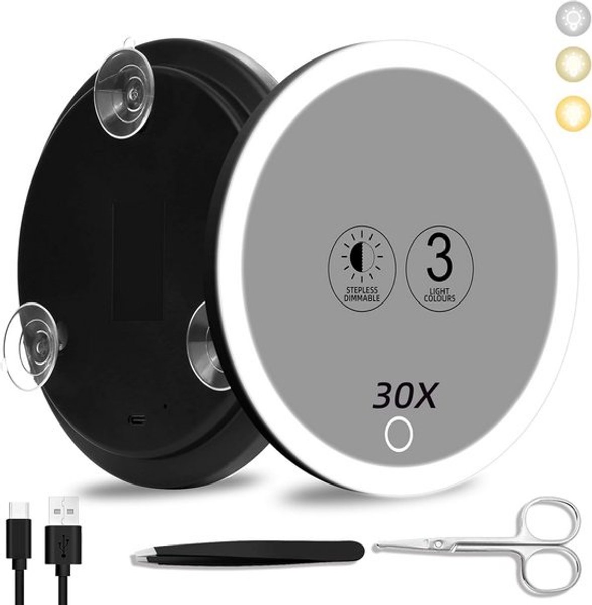 Vergrootspiegel met LED-verlichting 15 cm 5x 10x 20x 30x dimbaar licht 3 kleuren voorzien van zuignapjes voor make-up en precisiewerk