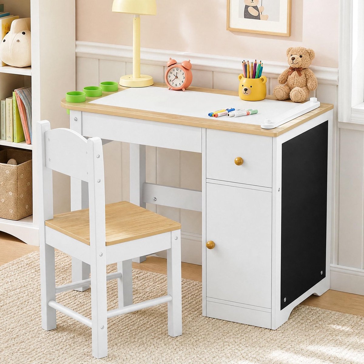 Kindertafel met 1 stoel - Speeltafel en schildertafel - Royale opbergruimte - Wit