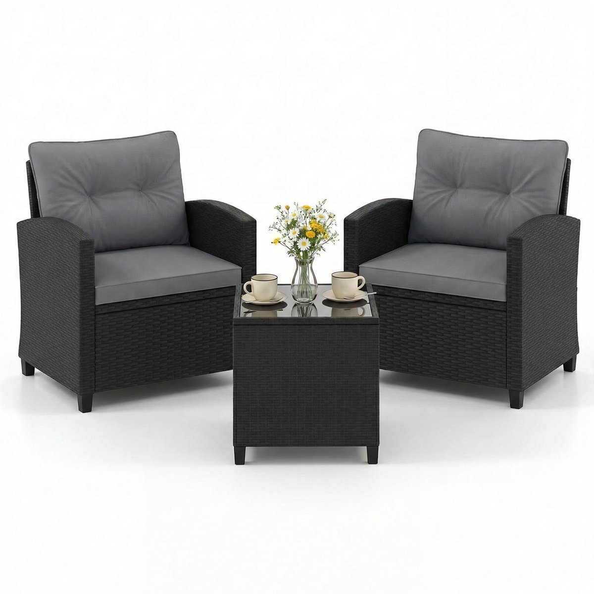 SureDeal® - Tuinset - 3-delig Rattan Tuinmeubelset - Stoelen - Bijzettafel - Glazen Platte Grijs - 44,5x44,5x45 cm - Grijs