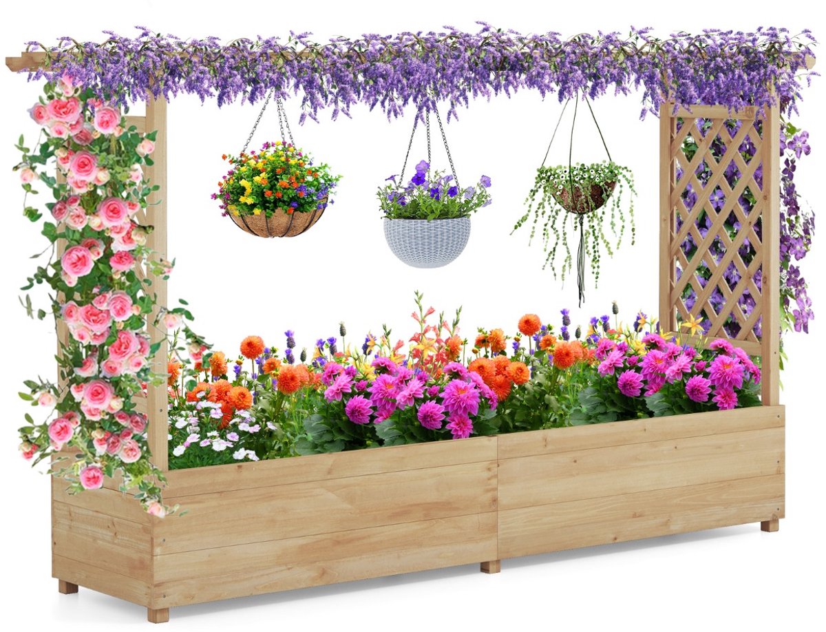 SureDeal® - Plantenbak - Verhoogd Bloembed - Rankrooster - Hangend Dak Bloembak - Klimplanten - Hangende manden - 200x44x114 cm - Naturel