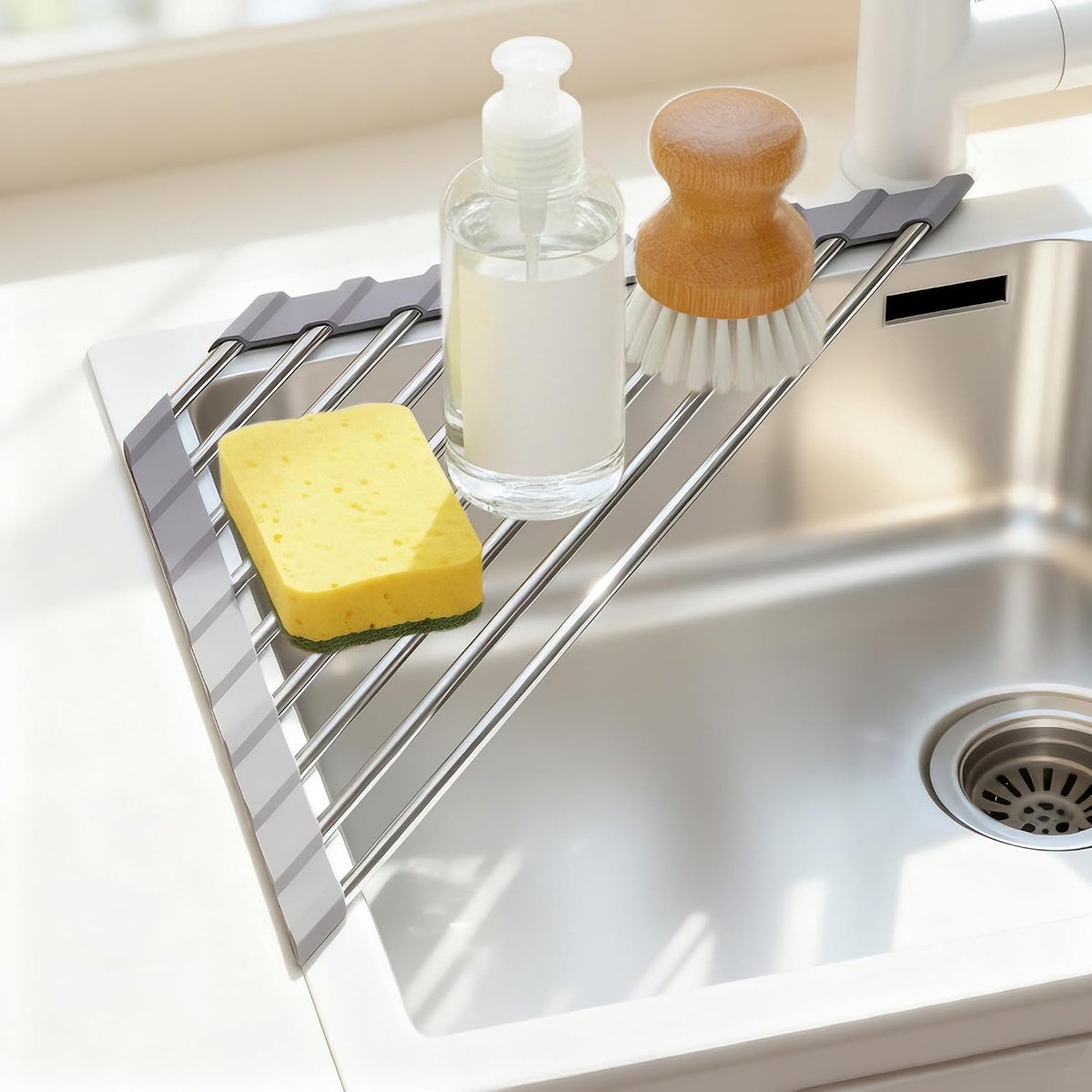 Afdruiprek voor de gootsteen – Compact, multifunctioneel hoekrek van roestvrij staal – Ontwerp voor plaatsing over de gootsteen – Afdruip- en opbergrek voor de keuken – Ruimtebesparend