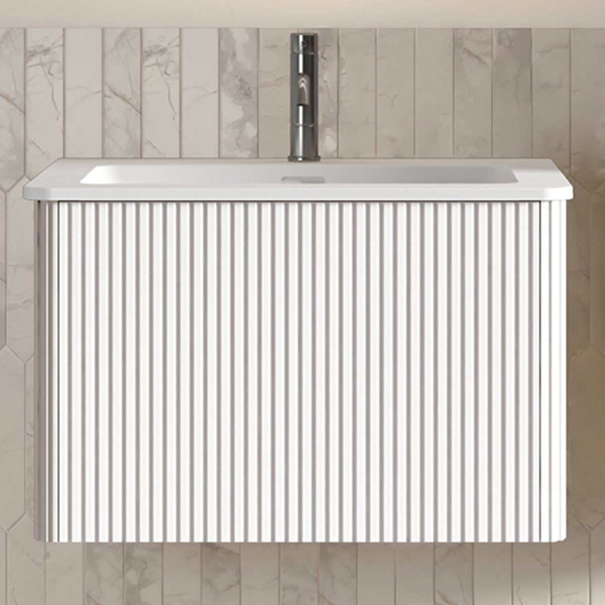 Badkamermeubel 60 cm Wit - Zwevend Wastafelmeubel - Geribbeld Design - Mineraalmarmer Wastafel - 61x46,5 cm - Push-to-Open - Kleine Badkamer Wit