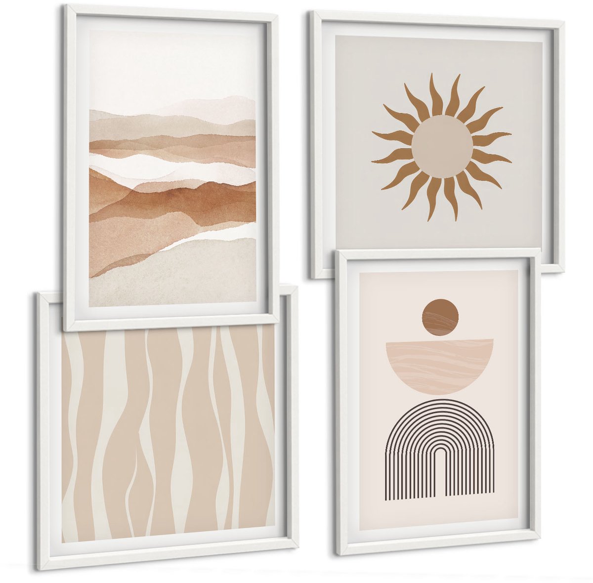 Wallfluent 4-Delige Schilderij Set - Abstracte Landschapsvormen Uit De Natuur En Geometrie - 40 x 40 En 40 x 60 - Muurdecoratie - Wanddecoratie - Hal - Stijlvolle Muurdecoratie