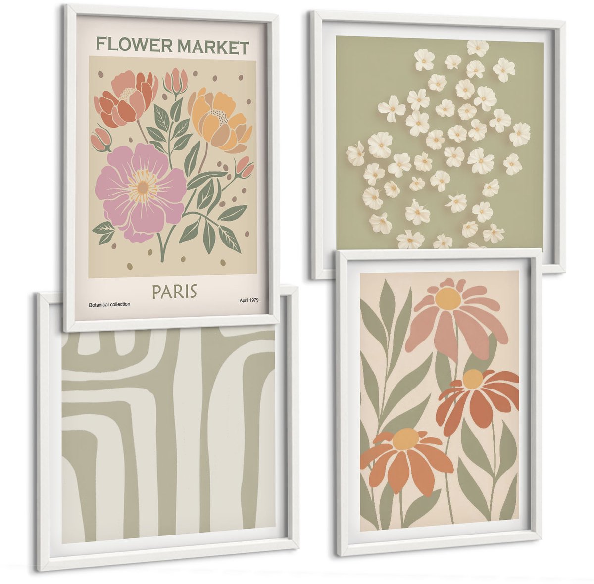 Wallfluent 4-Delige Schilderij Set - Poster Met Botanische Motieven, Parijse Minimalistische Stijl - 40 x 40 En 40 x 60 - Muurdecoratie - Wanddecoratie - Slaapkamer