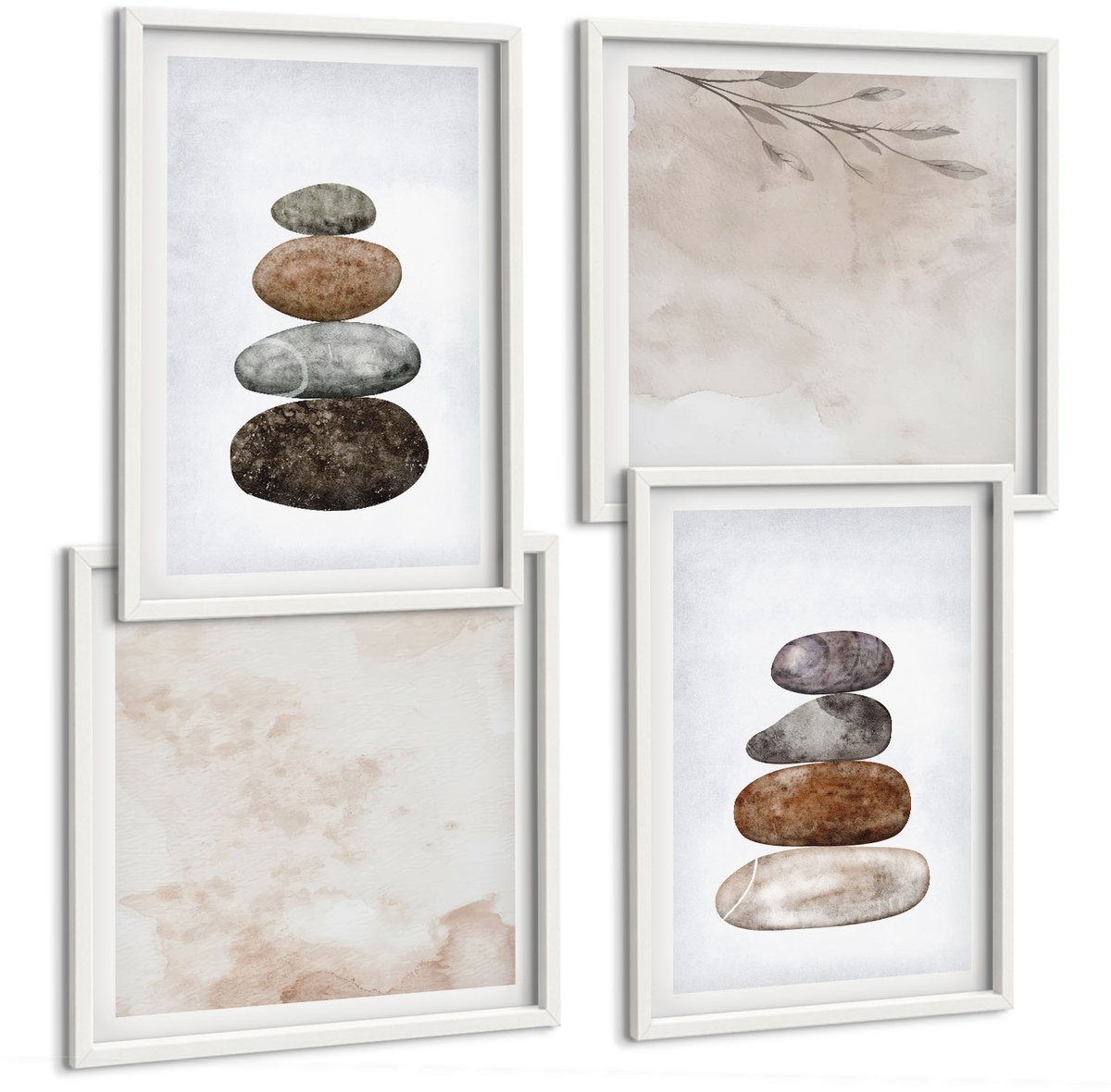 Wallfluent 4-Delige Schilderij Set - Minimalistisch Boho-Schilderij Van Steenstapels - 40 x 40 En 40 x 60 - Muurdecoratie - Decoratieve Schilderijen - Wohnzimmer