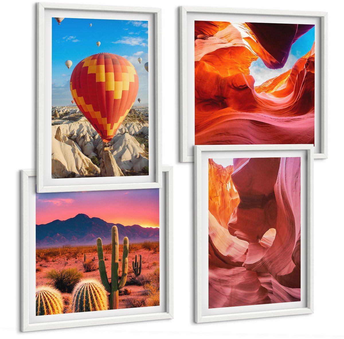 Wallfluent 4-Delige Schilderij Set - Woestijnklooflandschappen En Ballonvaart - 40 x 40 En 40 x 60 - Wanddecoratie - Muurdecoratie - Moderne Interieurdecoratie