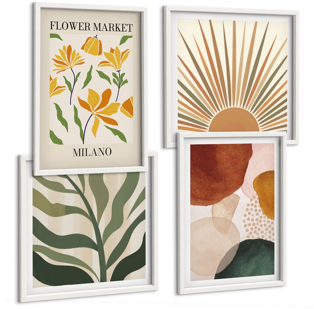 Wallfluent 4-Delige Schilderij Set - Bloemmotieven Met Abstracte Vormen En Bladeren - 40 x 40 En 40 x 60 - Muurdecoratie - Interieur Decoratie - Decoratieve Schilderijen