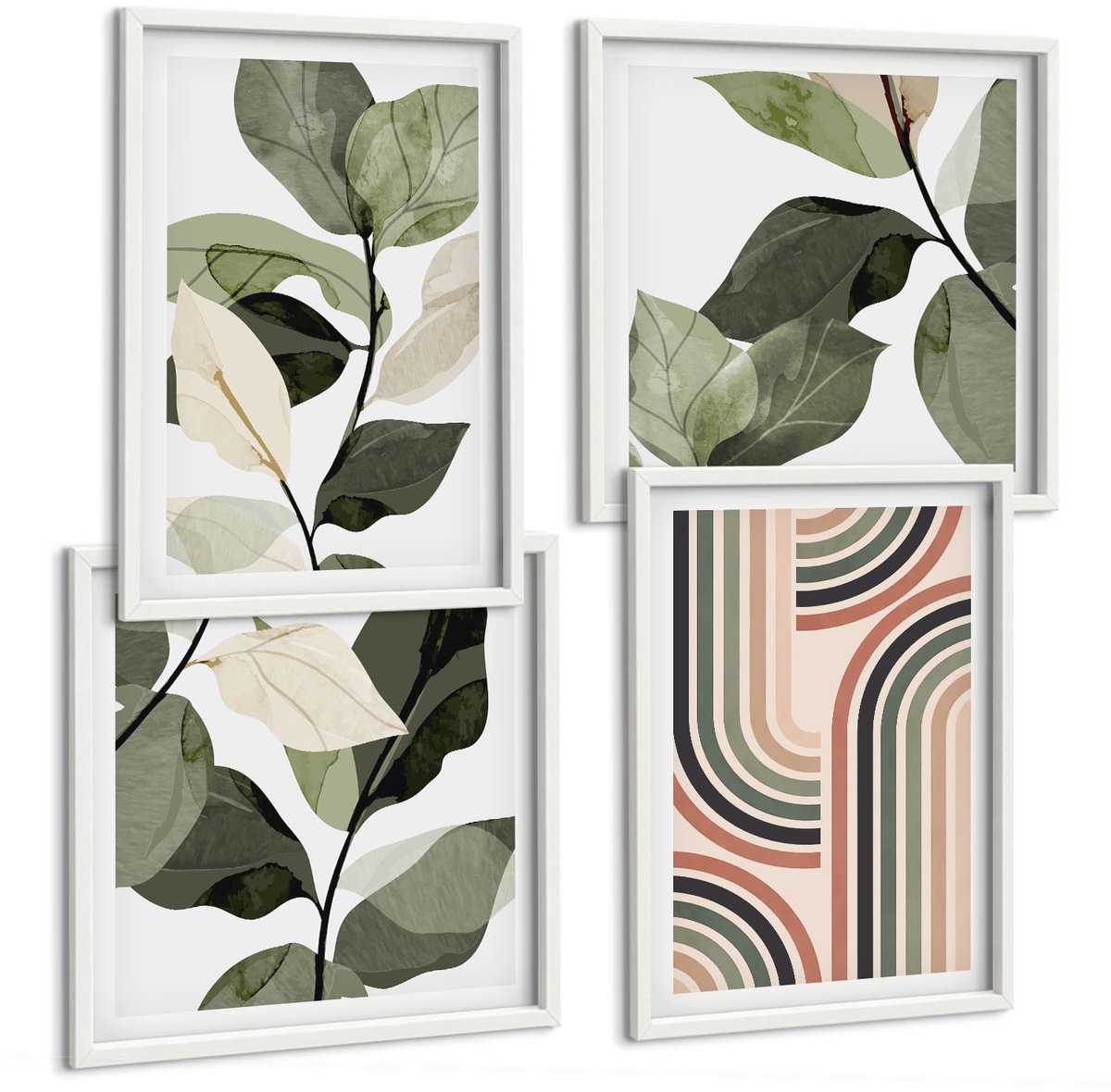 Wallfluent 4-Delige Schilderij Set - Plantmotieven Met Geometrische Patronen In Groene Tinten - 40 x 40 En 40 x 60 - Wanddecoratie - Moderne Interieurdecoratie - Decoratieve Schilderijen