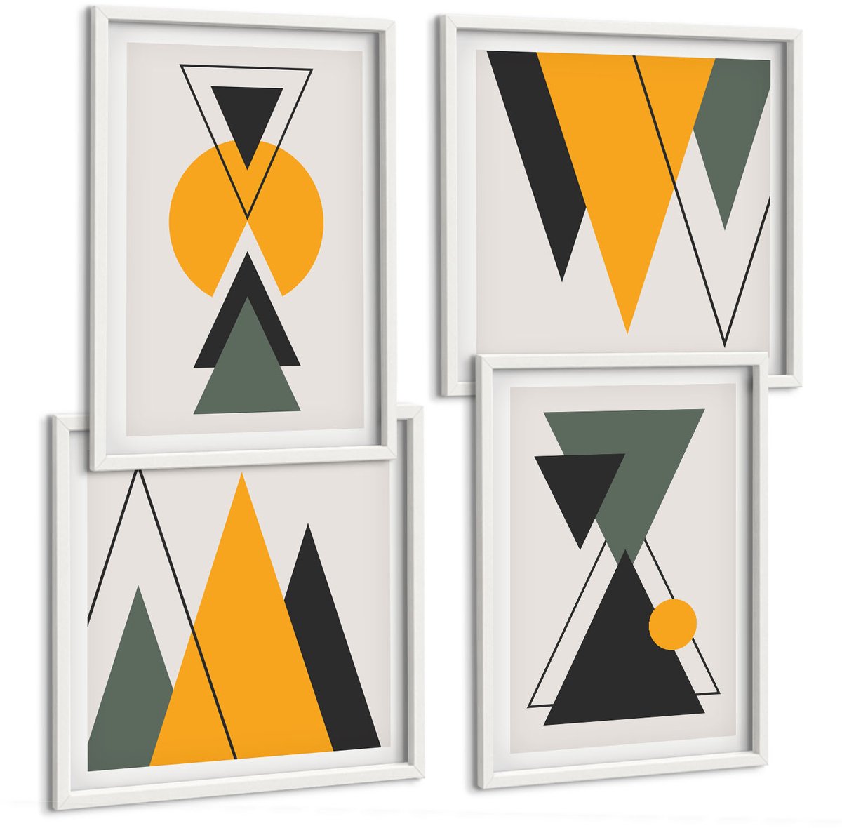 Wallfluent 4-Delige Schilderij Set - Abstracte Geometrische Vormen - 40 x 40 En 40 x 60 - Wanddecoratie - Muurdecoratie - Woonkamer - Decoratieve Schilderijen