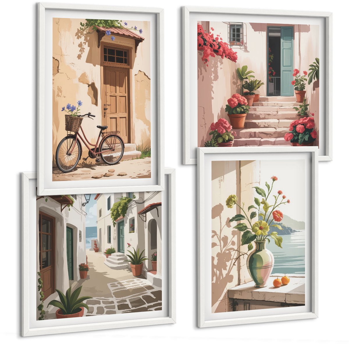 Wallfluent 4-Delige Schilderij Set - Geschilderde Straten Met Bloemen En Een Fiets - 40 x 40 En 40 x 60 - Stijlvolle Muurdecoratie - Slaapkamer - Wanddecoratie