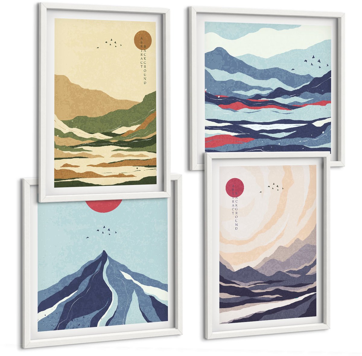 Wallfluent 4-Delige Schilderij Set - Bergen In Pastelkleuren In Japanse Stijl - 40 x 40 En 40 x 60 - Wanddecoratie - Woonkamer Decoratie - Stijlvolle Muurdecoratie