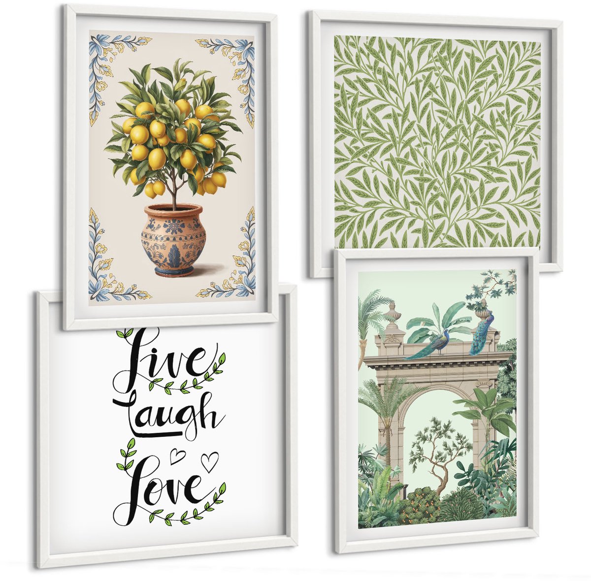 Wallfluent 4-Delige Schilderij Set - Groene Bladeren, Letters En Exotische Planten, Citroenboom - 40 x 40 En 40 x 60 - Decoratieve Schilderijen - Woonkamer - Interieur - Muurdecoratie