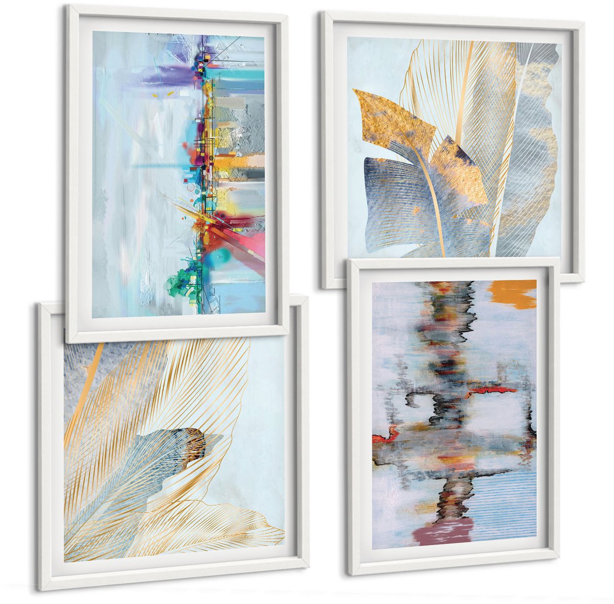 Wallfluent 4-Delige Schilderij Set - Abstracte Composities In Schilderstijl - 40 x 40 En 40 x 60 - Stijlvolle Muurdecoratie - Slaapkamer - Woonkamer Decoratie