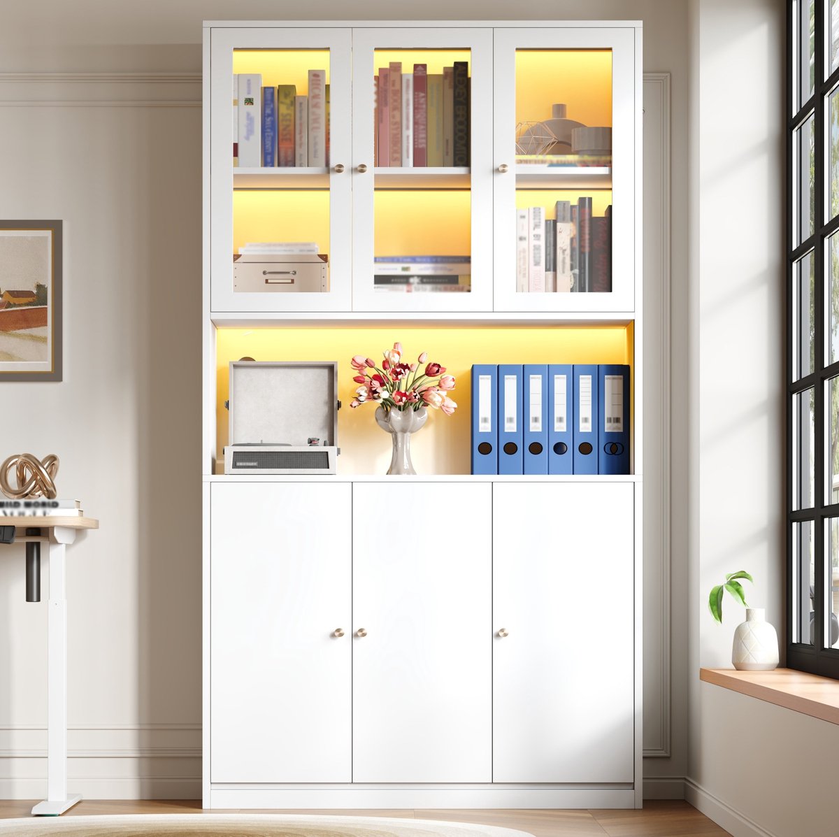 REDOM - Boekenkast - Glazen vitrinedeuren - Open vak met kabeldoorvoer - LED-verlichting - Moderne designstijl - Woonkamer of kantoor - MDF - Wit - 100 x 35 x 200 cm