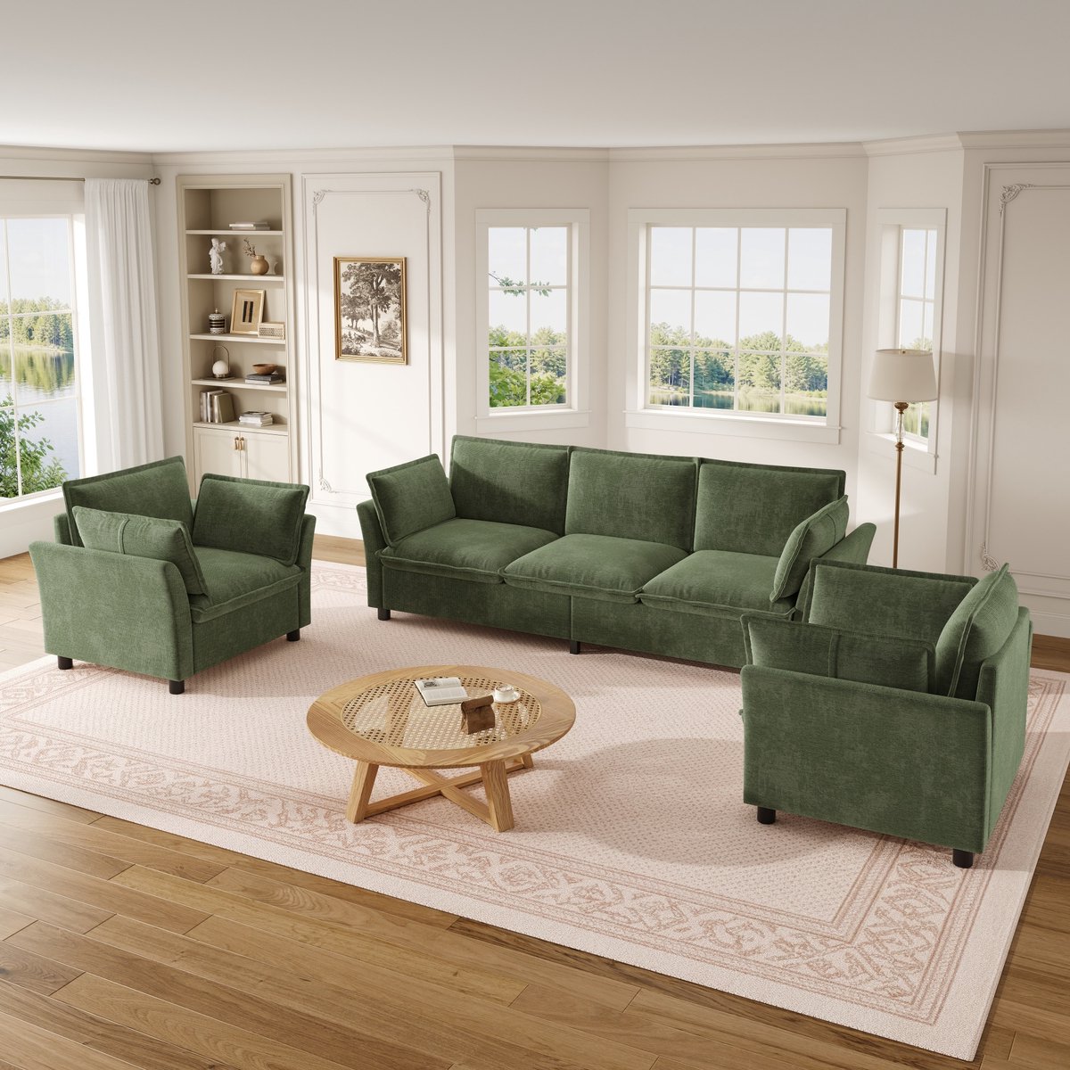 5-Zitsbank, 3-1-1 Bankcombinatie, Modulaire Bankenset, Vrij Combineerbaar, Chenille Stoffen Bank, 3-Zits + 2 Fauteuils, Met Kussens, Zacht Gestoffeerd, Cloud Comfort, Woonkamer Bank, Modern Design, Groen