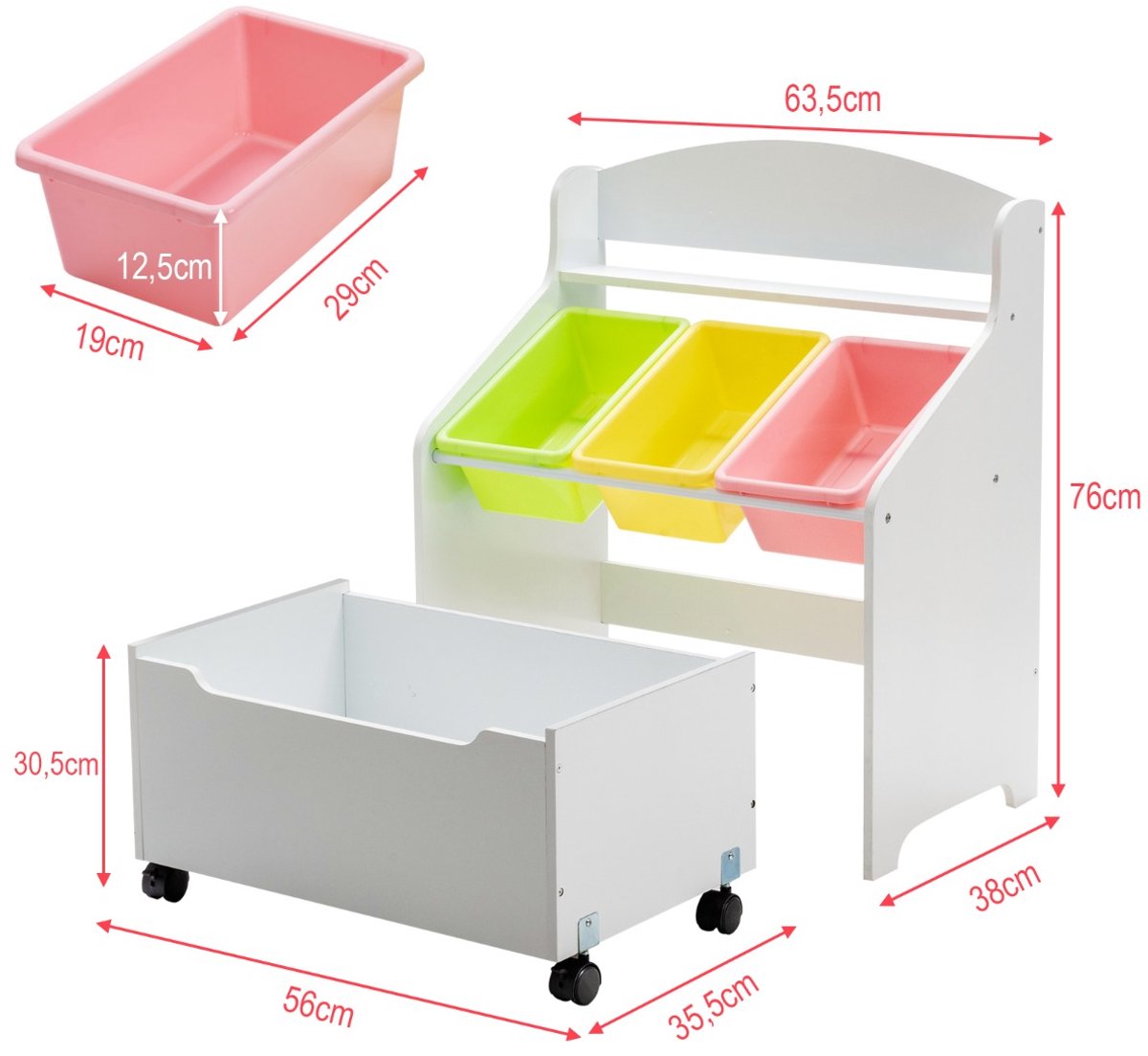 SureDeal® - Boekenkast - Speelgoedrek Houten Kinderskast - Wieltjes Boekenplank Speelgoedopslag - Kinderen Wit - 63,5x38x76,5 cm - Wit