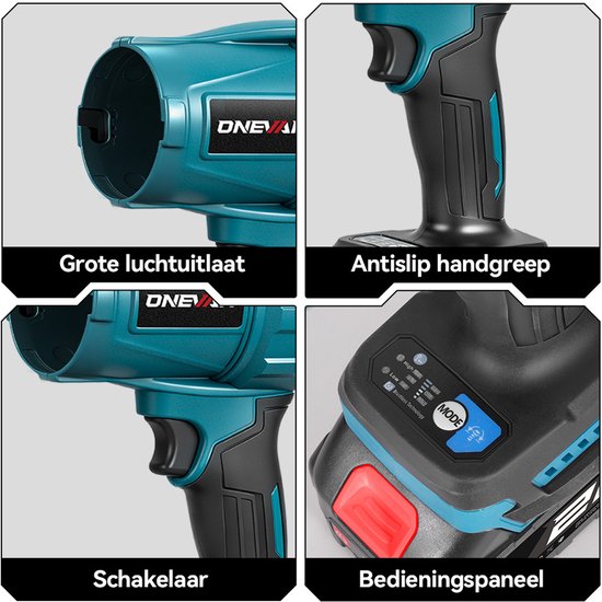 ONEVAN Accu Bladblazer - 300 m/s Handblazer - Borselloze Bladblazer - met 2 x Accu's en 4x Mondstuk - 3 versnellingen - voor Bladeren en Tuinafval van ONEVAN — afbeelding 2