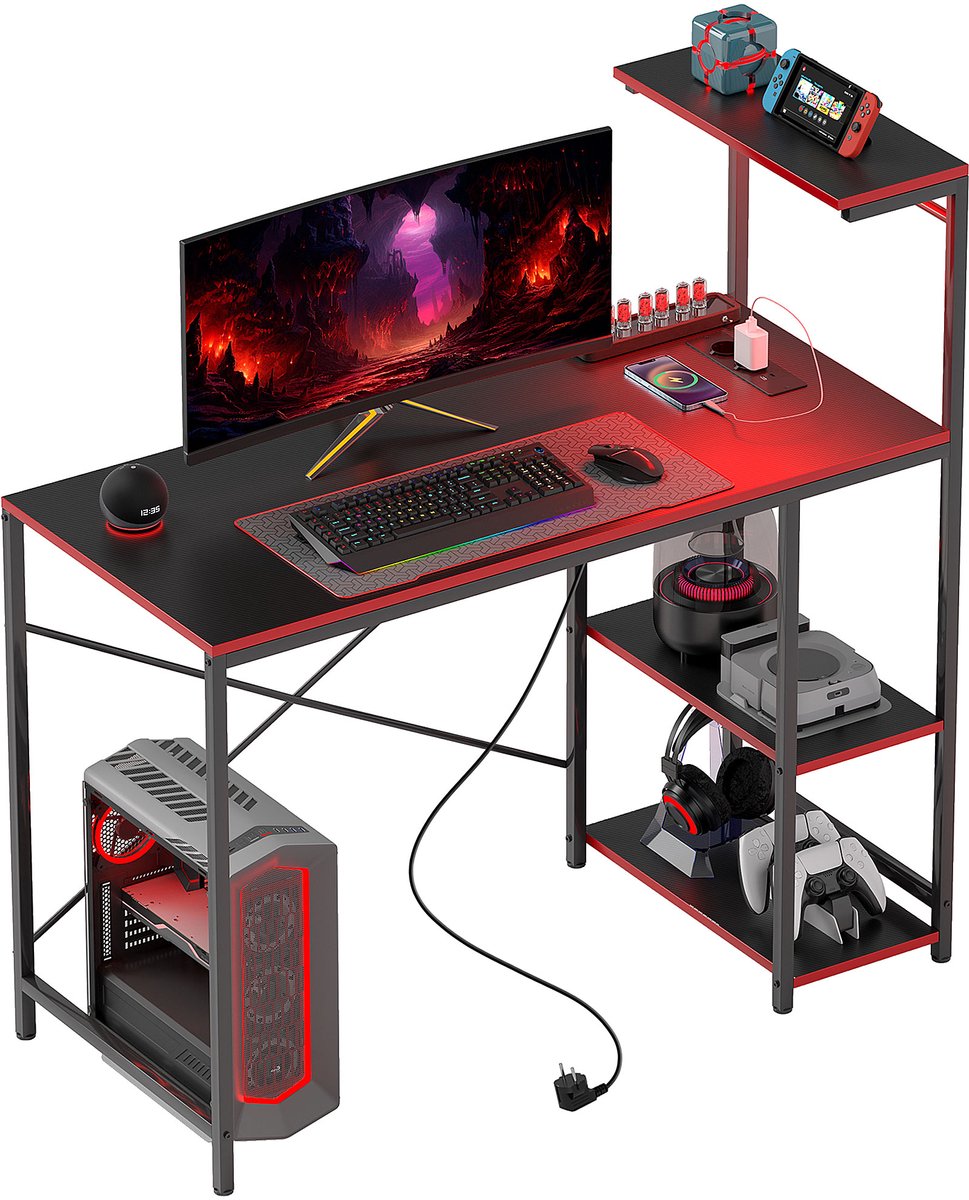 Gamingbureau van koolstofvezel met LED-verlichting, 110x50 cm, stopcontacten, planken en afstandsbediening, zwart.