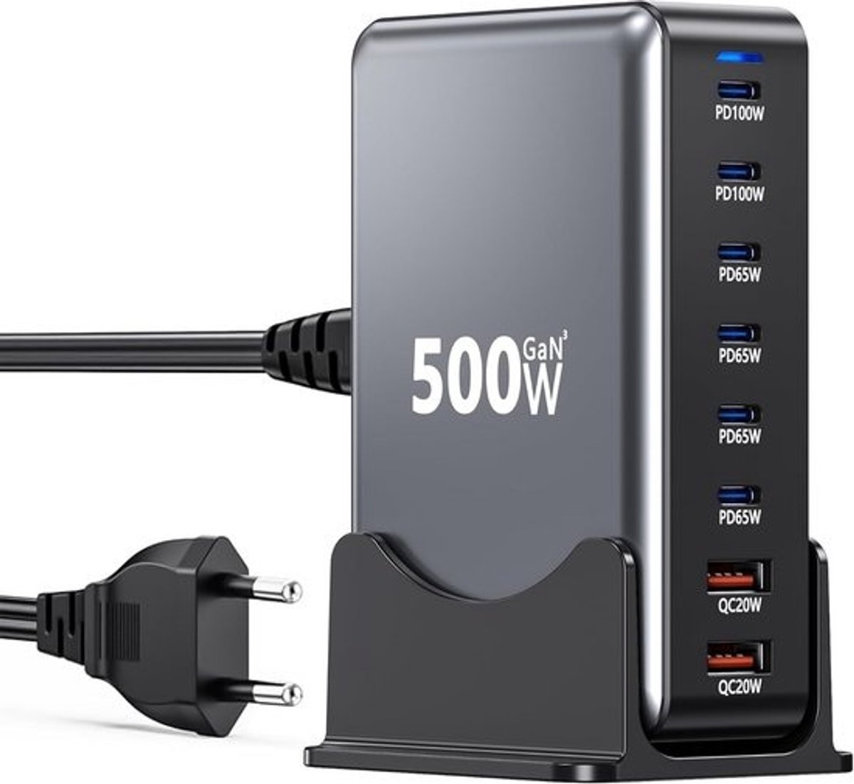 Krachtig 500W USB-C Snellader Station met 8 Poorten