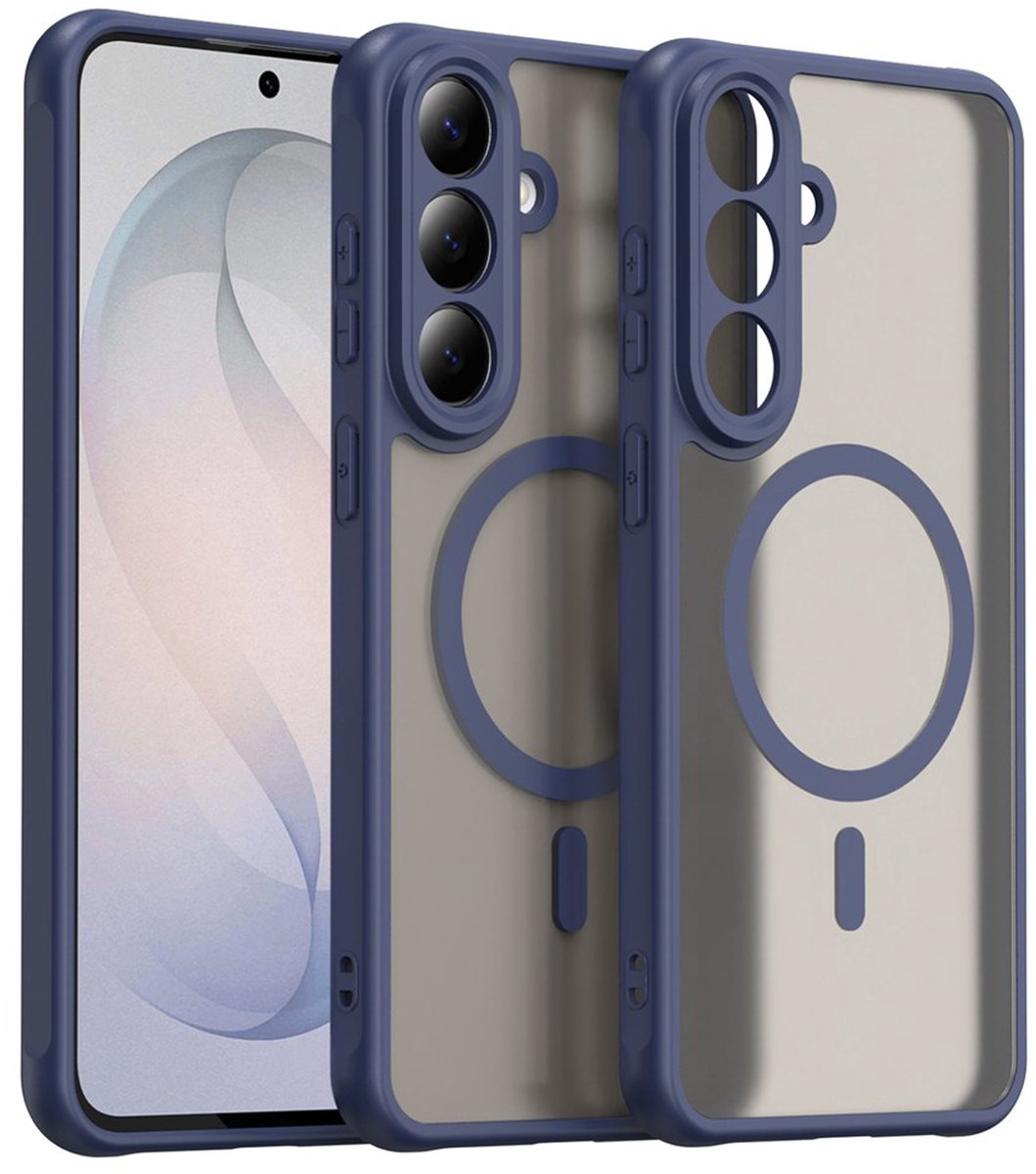MobyDefend Hoesje - Geschikt voor Samsung Galaxy S26 FE - Case Geschikt voor MagSafe - Mat Transparant Met Gekleurde Rand - Blauw
